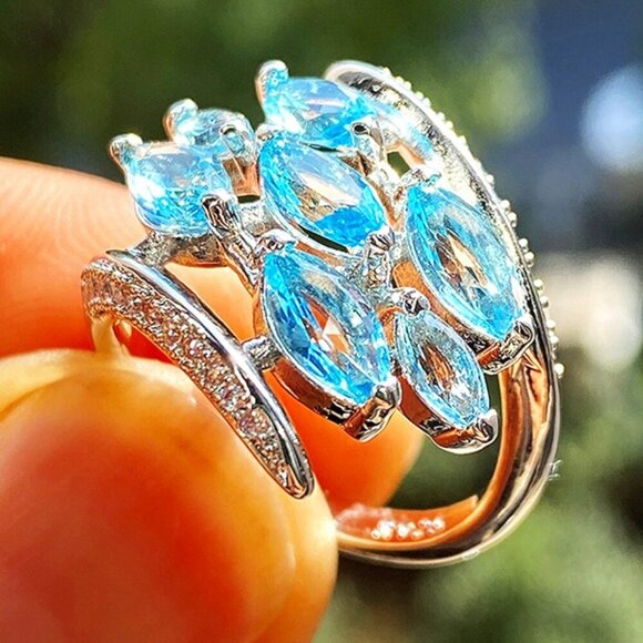❤️925 STERLING SILVER Jewelry - 💍Silver Multiple Unique Marquis Gems Bright Light Blue💎 Ring, INDN8564
